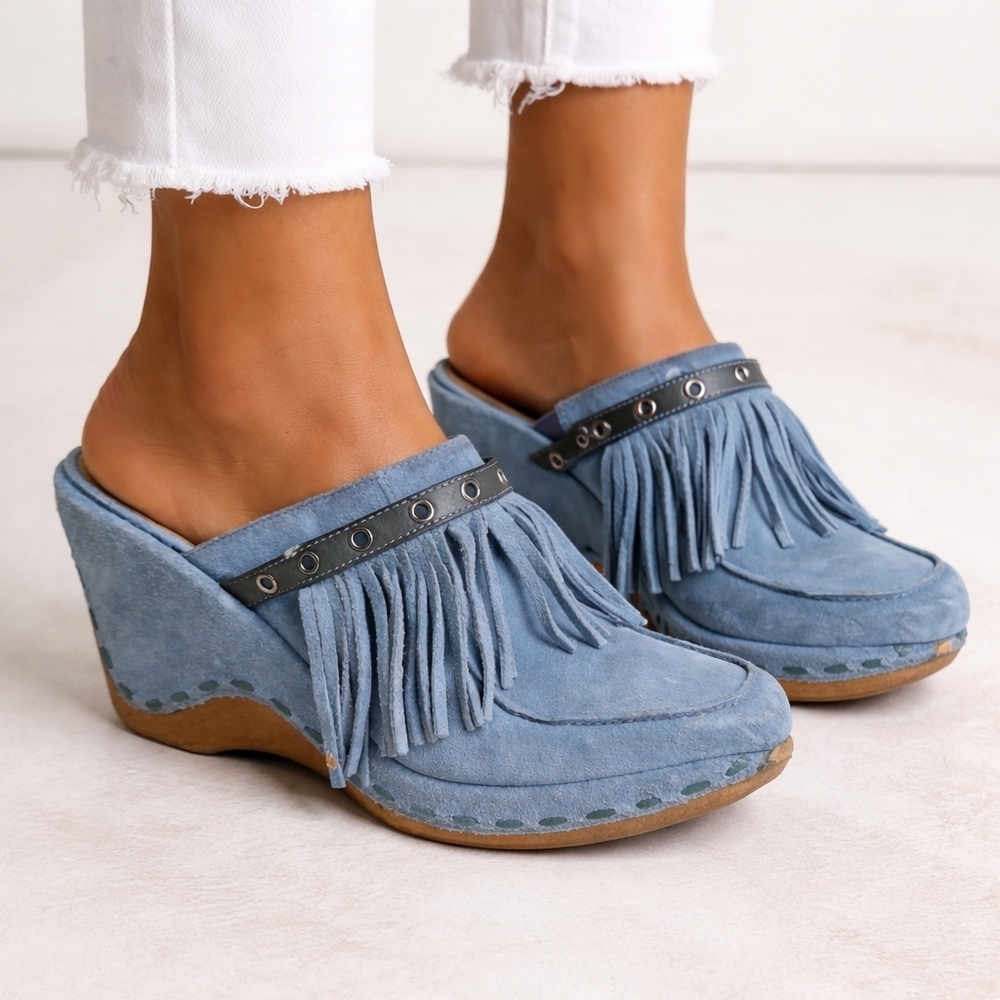 Via Spiga Western Style blue‎ fringed mules 9.5